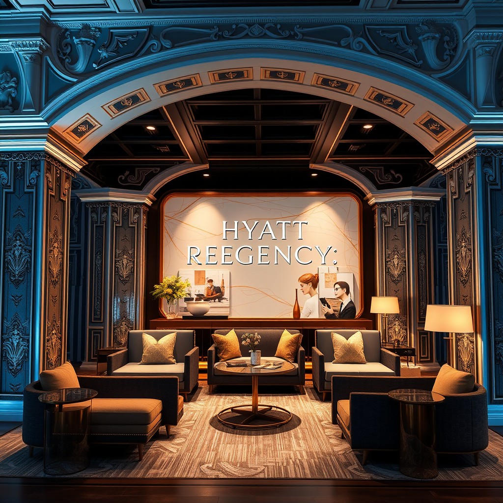 A stunning and luxurious event booth inspired by Hyatt Regency, designed with creativity and high-end aesthetics