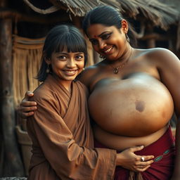 In a medieval Indian village, a young, very petite and malnourished Indian woman with decayed teeth is dressed in a long, fully-closed Buddhist robe