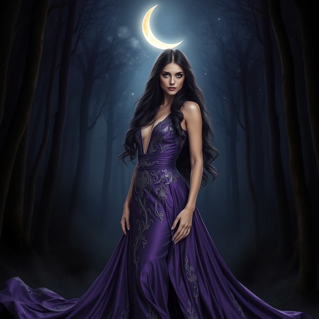 A captivating portrayal of Lilith, depicted as the dark goddess, wearing an elegant flowing purple gown