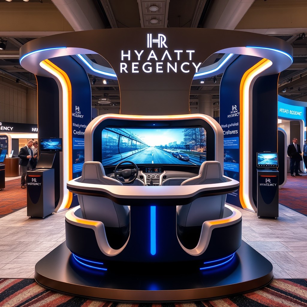 An innovative event booth design featuring an immersive Driver Seat experience, aimed at engaging attendees with interactive stimulation