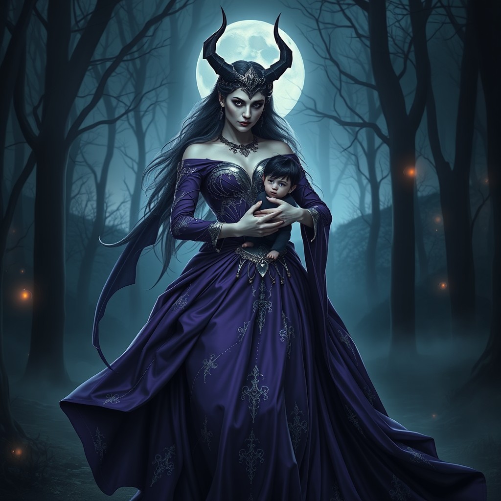 A striking image of Lilith, the dark goddess, depicted in a flowing purple gown adorned with intricate silver detailing