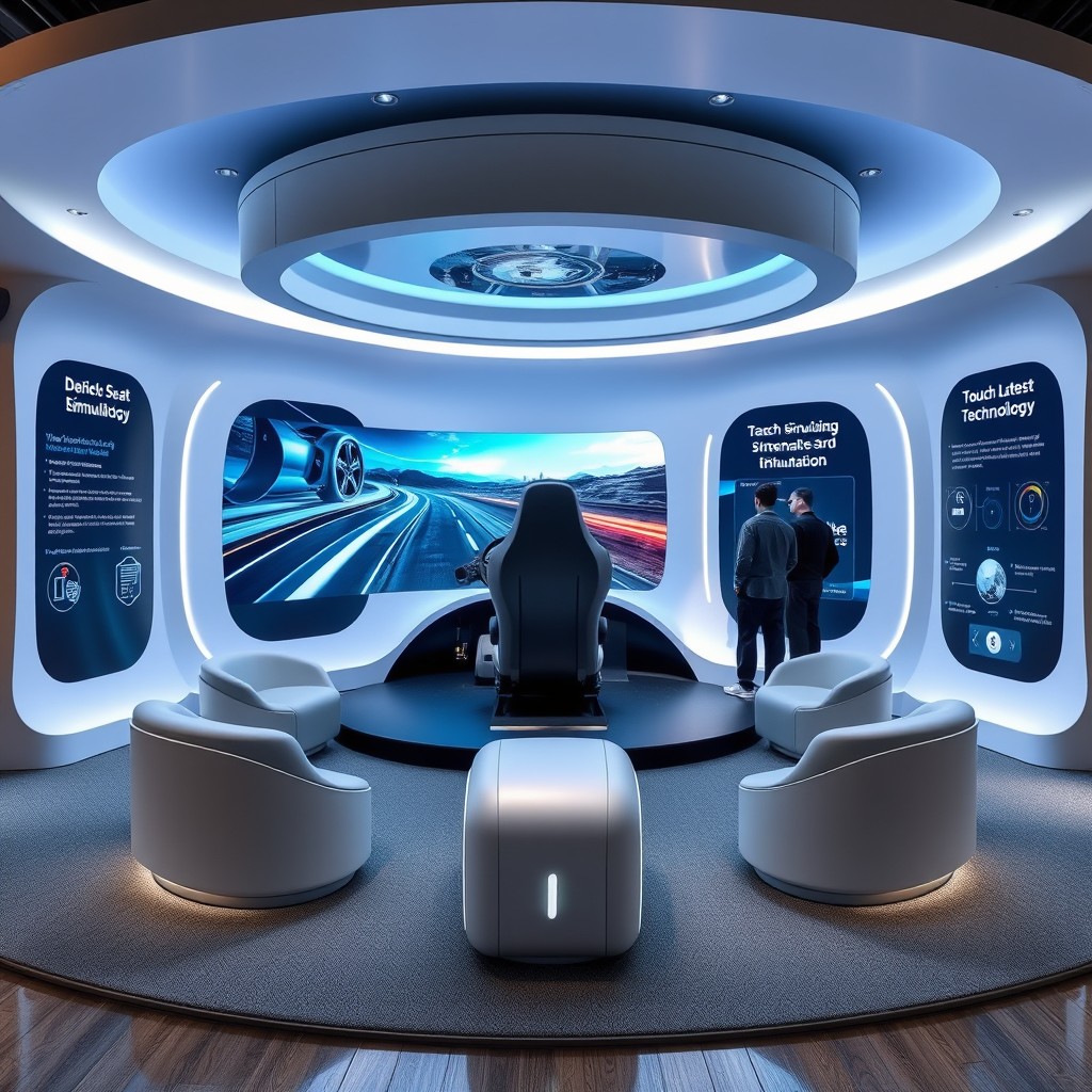A modern and immersive event booth concept featuring a central Driver Seat equipped with an advanced, interactive stimulation experience