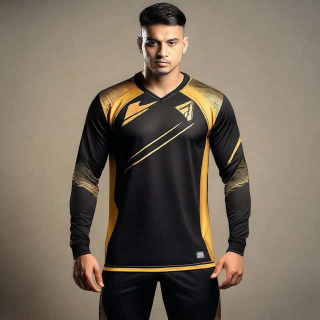 A sleek and simple full-sleeved e-sports jersey with a strong black base colour, highlighted by striking gold accents, embodying both style and comfort.