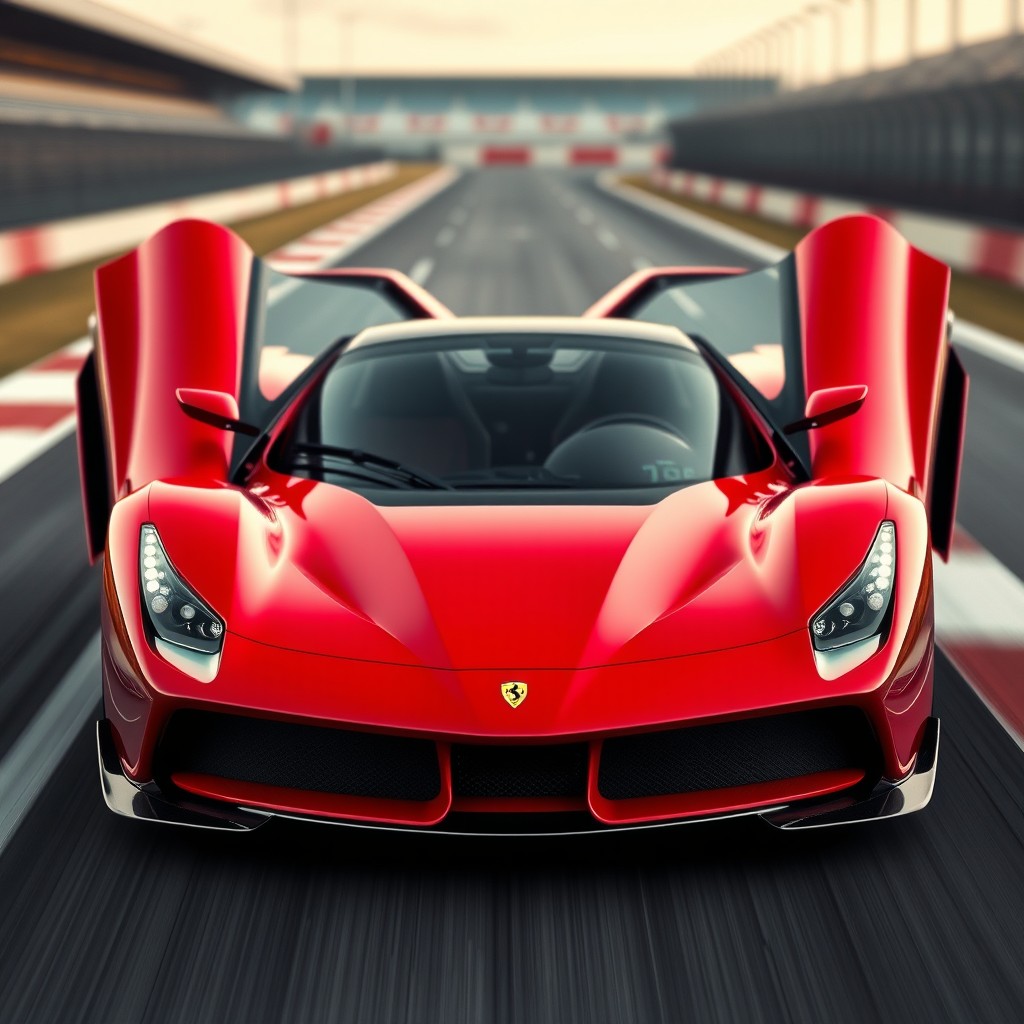 A custom-designed Ferrari sports car that combines elements from various Ferrari models: the front end resembles the Ferrari 456 Italia, featuring sleek and aggressive lines