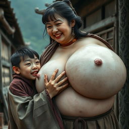 In a medieval Chinese village, a young Chinese woman, very short and emaciated with rotten teeth, is wearing a long, fully closed Buddhist cloak