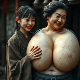 In a medieval Chinese village, a young Chinese woman, very short and emaciated with rotten teeth, is dressed in a long, fully closed Buddhist cloak