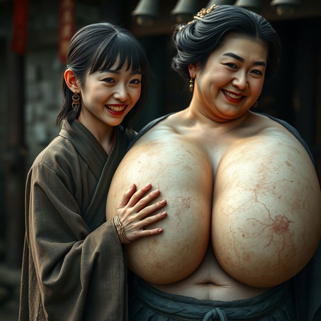 In a medieval Chinese village, a young Chinese woman, very short and emaciated with rotten teeth, is dressed in a long, fully closed Buddhist cloak