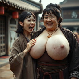 In a medieval Chinese village, a young Chinese woman, very short and emaciated, is depicted shouting loudly while wearing a long, fully closed Buddhist cloak