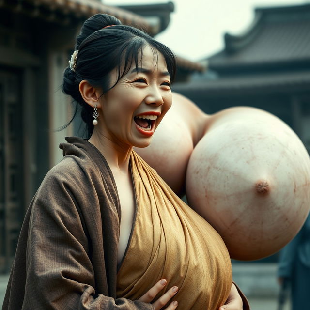 In a medieval Chinese village, a young Chinese woman, very short and emaciated, is depicted shouting loudly while wearing a long, fully closed Buddhist cloak