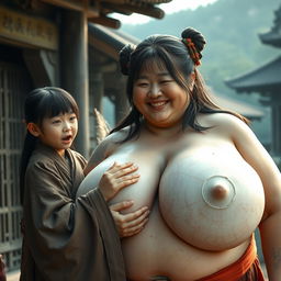 In a medieval Chinese village, a young Chinese woman, very short and emaciated, is shouting loudly while dressed in a long, fully closed Buddhist robe with medium-length hair and bangs