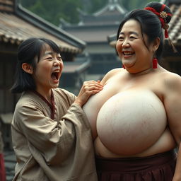 In a medieval Chinese village, a young Chinese woman, very short and emaciated, is shouting loudly while dressed in a long, fully closed Buddhist robe with medium-length hair and bangs