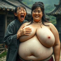 In a medieval Chinese village, a young Chinese woman, very short and emaciated, is shouting loudly while dressed in a long, fully closed Buddhist robe with medium-length hair and bangs