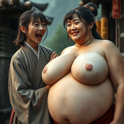 In a medieval Chinese village, a young Chinese woman, very short and emaciated, is shouting loudly while wearing a long, fully closed Buddhist robe, with medium-length hair and bangs