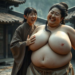 In a medieval Chinese village, a young Chinese woman, very short and emaciated, is shouting loudly while wearing a long, fully closed Buddhist robe, with medium-length hair and bangs