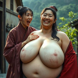 In a medieval Chinese village, a young Chinese woman, very short and emaciated, is shouting loudly while wearing a long, fully closed Buddhist robe, with medium-length hair and bangs