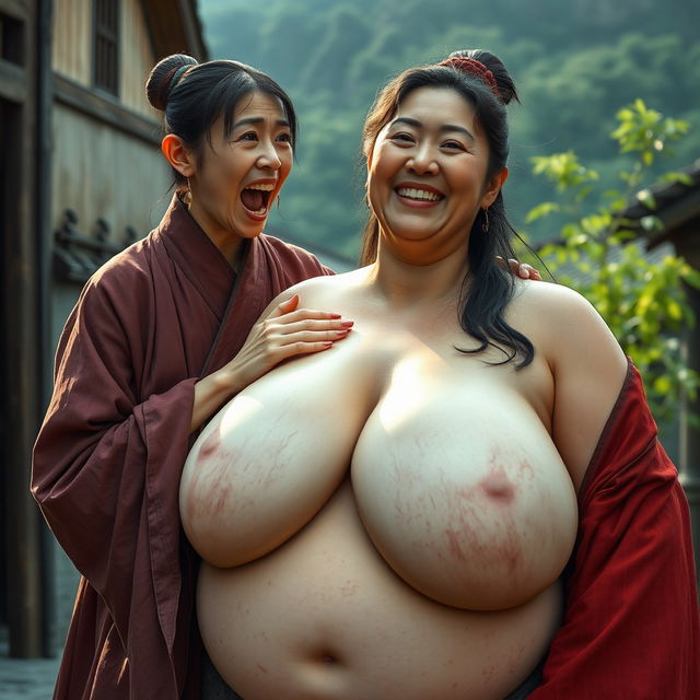In a medieval Chinese village, a young Chinese woman, very short and emaciated, is shouting loudly while wearing a long, fully closed Buddhist robe, with medium-length hair and bangs