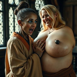 In an English medieval room, a young blonde woman with blue eyes, notably short and emaciated, is opening her mouth while dressed in a long, fully closed Buddhist robe with her hair styled in a bun