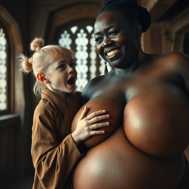In an English medieval room, a young blonde woman with blue eyes, notably short and emaciated, is opening her mouth while dressed in a long, fully closed Buddhist robe with her hair styled in a bun