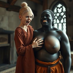 In an English medieval room, a young blonde woman with blue eyes, notably short and emaciated, is screaming loudly while dressed in a long, fully closed Buddhist robe, with her hair arranged in a bun