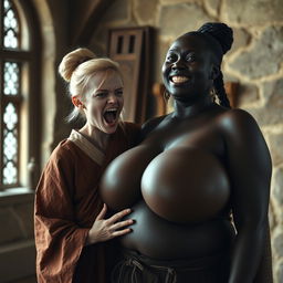 In an English medieval room, a young blonde woman with blue eyes, notably short and emaciated, is screaming loudly while dressed in a long, fully closed Buddhist robe, with her hair arranged in a bun