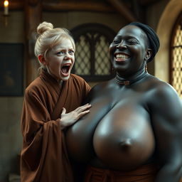 In an English medieval room, a young blonde woman with blue eyes, notably short and emaciated, is screaming loudly while dressed in a long, fully closed Buddhist robe, with her hair arranged in a bun