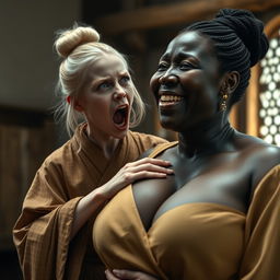 In an English medieval room, a young blonde woman with blue eyes, noticeably short and emaciated, is screaming loudly while wearing a long, fully closed Buddhist robe and having her hair styled in a bun