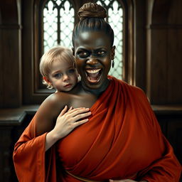In an English medieval room, a young blonde woman with blue eyes, noticeably short and emaciated, is screaming loudly while wearing a long, fully closed Buddhist robe and having her hair styled in a bun