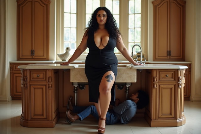 In a grand, luxurious kitchen, a voluptuous Latina woman stands in front of the sink, slightly bending forward with her legs apart