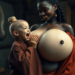 In a medieval room, a young, very short, undernourished blonde woman with blue eyes and rotten teeth is opening her mouth while wearing a long, fully-closed Buddhist robe