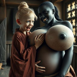 In a medieval room, a young, very short, undernourished blonde woman with blue eyes and rotten teeth is opening her mouth while wearing a long, fully-closed Buddhist robe