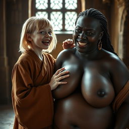 In a medieval room illuminated by daylight, a young, very short, undernourished blonde woman with blue eyes and rotten teeth is opening her mouth while wearing a long, fully-closed Buddhist robe