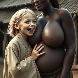 In a poor medieval village, a young, very short, undernourished blonde woman with blue eyes and rotten teeth is opening her mouth while wearing a long, fully-closed Buddhist robe, her medium-length hair parted