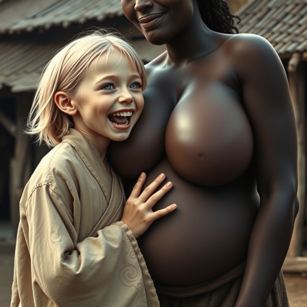 In a poor medieval village, a young, very short, undernourished blonde woman with blue eyes and rotten teeth is opening her mouth while wearing a long, fully-closed Buddhist robe, her medium-length hair parted