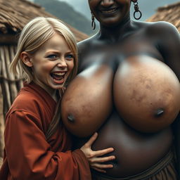 In a poor medieval village, a young, very short, undernourished blonde woman with blue eyes and rotten teeth is opening her mouth while wearing a long, fully-closed Buddhist robe, her medium-length hair parted