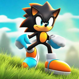 Modify the black Sonic the Hedgehog image, adding secondary cyan-colored spikes to his form. He sports vibrant orange rings on his gloves, and stands confidently on a grassy hill against a bright sky.