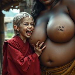 In a poor medieval village, a young, very short, undernourished blonde woman with blue eyes and rotten teeth is opening her mouth while wearing a long, fully-closed Buddhist robe, her medium-length hair parted