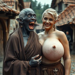 In a medieval village, an elderly black woman, short and emaciated with rotten teeth, opens her mouth wide, featuring pointed ears