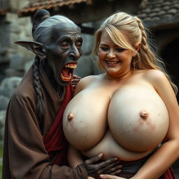 In a medieval village, an elderly black woman, short and emaciated with rotten teeth, opens her mouth wide, featuring pointed ears