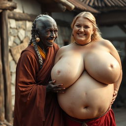 In a medieval village, an elderly black woman, short and emaciated with rotten teeth and pointed ears, wears a long, fully closed Buddhist cloak