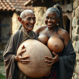 In a medieval village, an elderly black woman, short and emaciated with rotten teeth and pointed ears, wears a long, fully closed Buddhist cloak