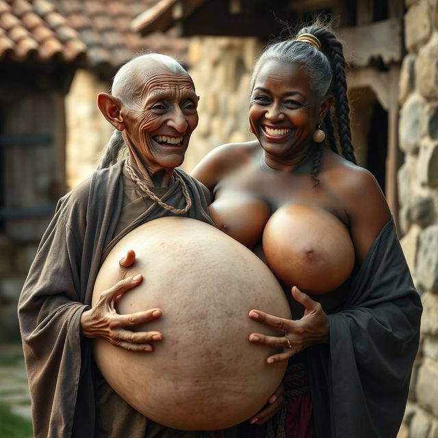 In a medieval village, an elderly black woman, short and emaciated with rotten teeth and pointed ears, wears a long, fully closed Buddhist cloak