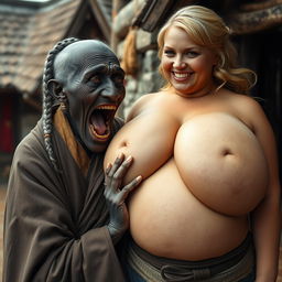 In a medieval village, an elderly black woman, short and emaciated with rotten teeth and pointed ears, opens her mouth wide as she dons a long, fully closed Buddhist cloak