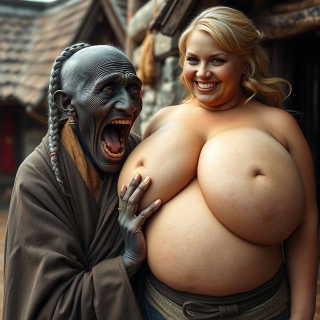 In a medieval village, an elderly black woman, short and emaciated with rotten teeth and pointed ears, opens her mouth wide as she dons a long, fully closed Buddhist cloak