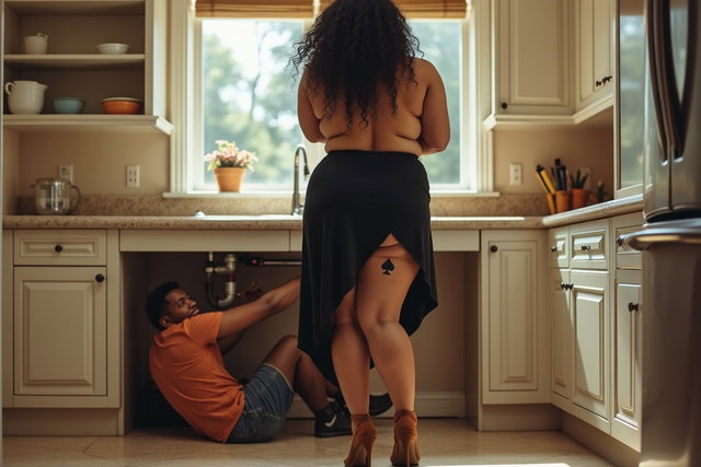 Inside a spacious, luxurious kitchen, a curvy Latina woman stands in front of the sink with her legs apart, slightly bending forward