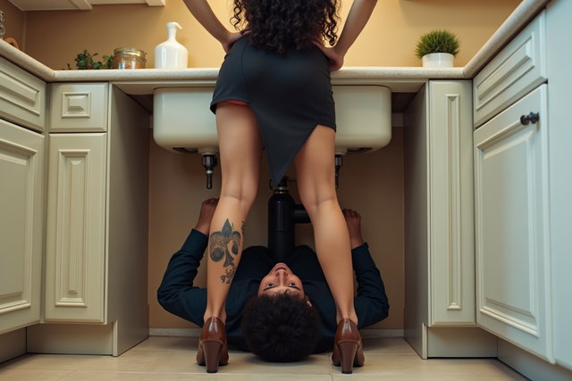 In a spacious and luxurious kitchen, a medium-built Latina woman stands in front of the sink, legs spread apart and slightly bending forward