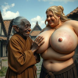 In a medieval village setting, an elderly black dwarf woman, short and malnourished, has crooked teeth and pointed ears