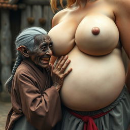 In a medieval village setting, an elderly black dwarf woman, short and malnourished, has crooked teeth and pointed ears