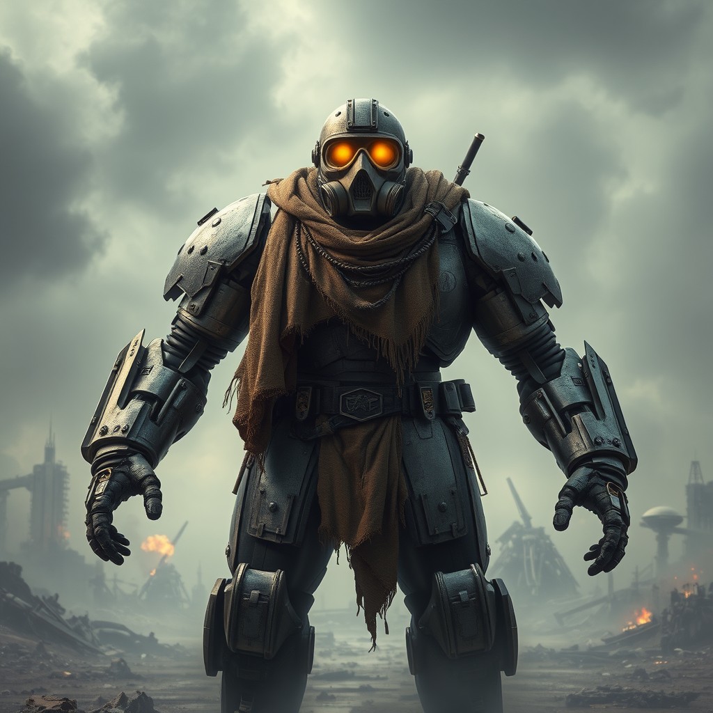 A post-apocalyptic scene set in a world ravaged by nuclear war, with ruins and debris scattered everywhere, shrouded in thick fog and smoke