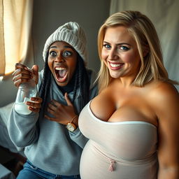 In a poor bedroom, a frantic 19-year-old malnourished black African woman is holding a baby bottle, her deep black skin shining under the light