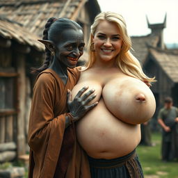 In a medieval village, a very short and emaciated black dwarf woman with rotten teeth and elf-like ears is dressed in a long, completely closed Buddhist robe